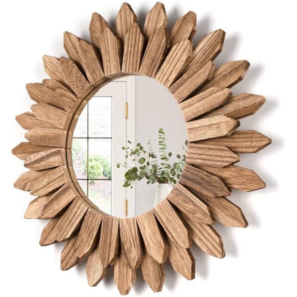 Wall Mirror Decorative 12 inch Rustic Wood Mirror Sunburst Boho Mirror for Entry